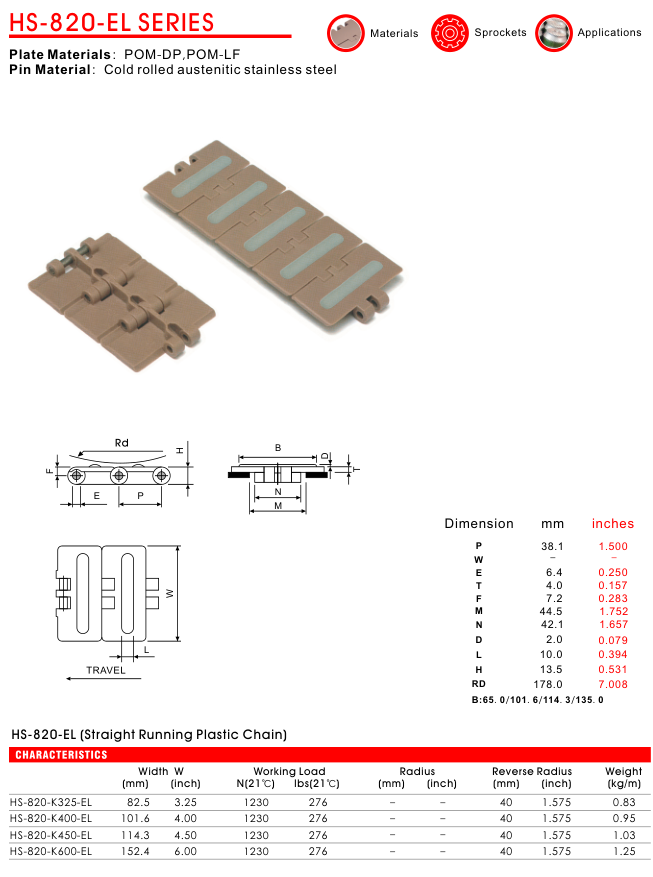 Цепь пластинчатая пластиковая серии HS-820-EL